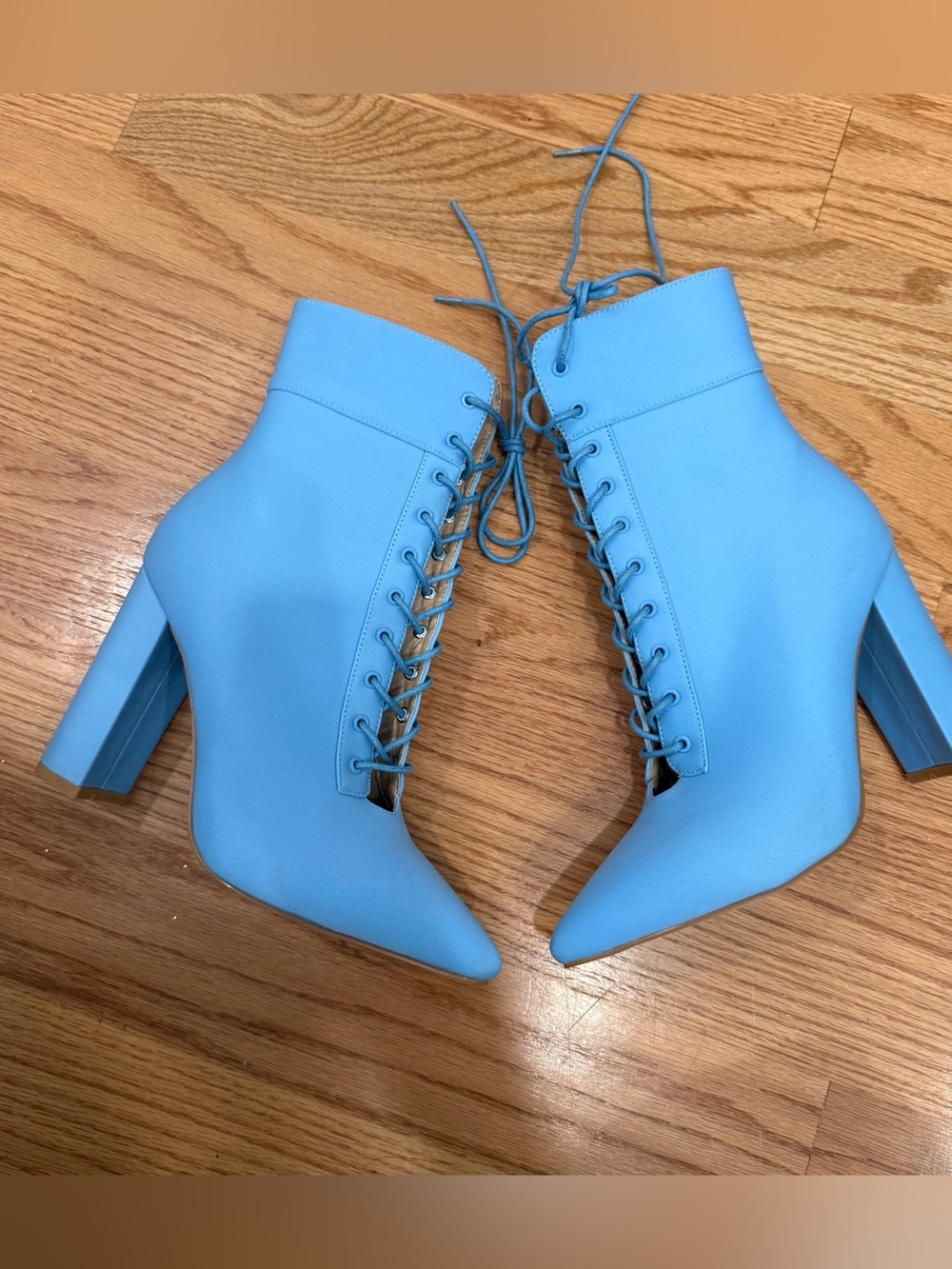 AKIRA Sky Blue Lace-Up Pointed Ankle Boots